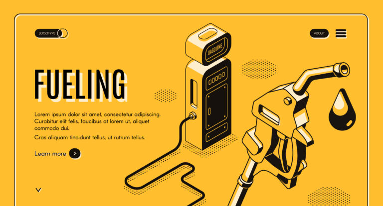 Vector 3d isometric site template with fueling, gas station. Oil pistol with nozzle on hose on yellow background. Drop of ethanol in black line art. Petroleum company landing page, internet portal.