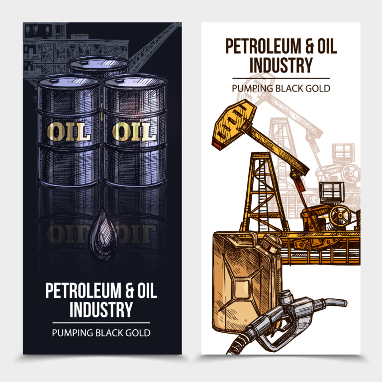 Oil industry vertical banners with rig tanks canister icons and pumping black gold description vector illustration