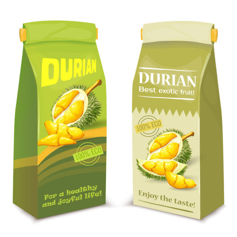 Vector realistic illustration, packing for exotic durian fruit, isolated on white background. Template, mock up package design for chips of durian fruit with brand information